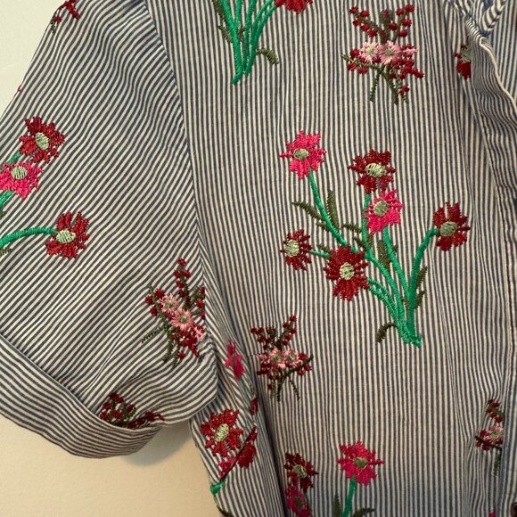 Maeve Anthropologie Floral Embroidered Striped Button up Shirt Dress - Size 0 - Picture 3 of 6